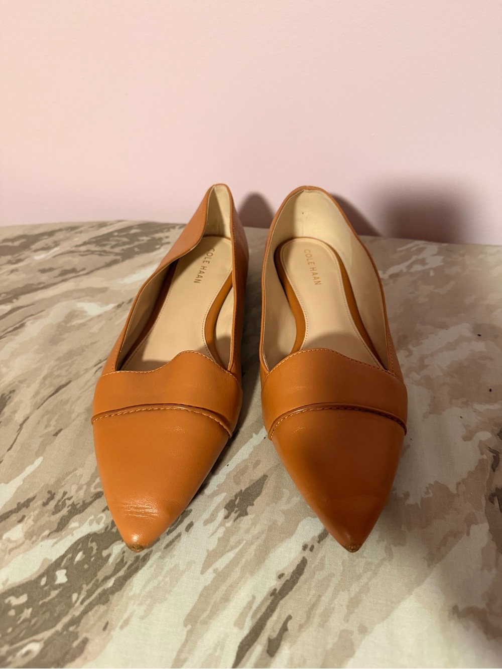 Cole Haan Cognac Pointed-Toe Leather Flats